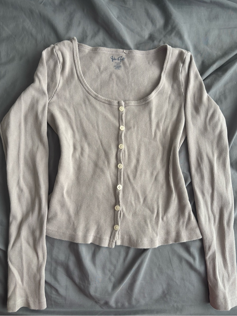 Brandy Melville Light Taupe Ribbed Button-Front Long Sleeve Top